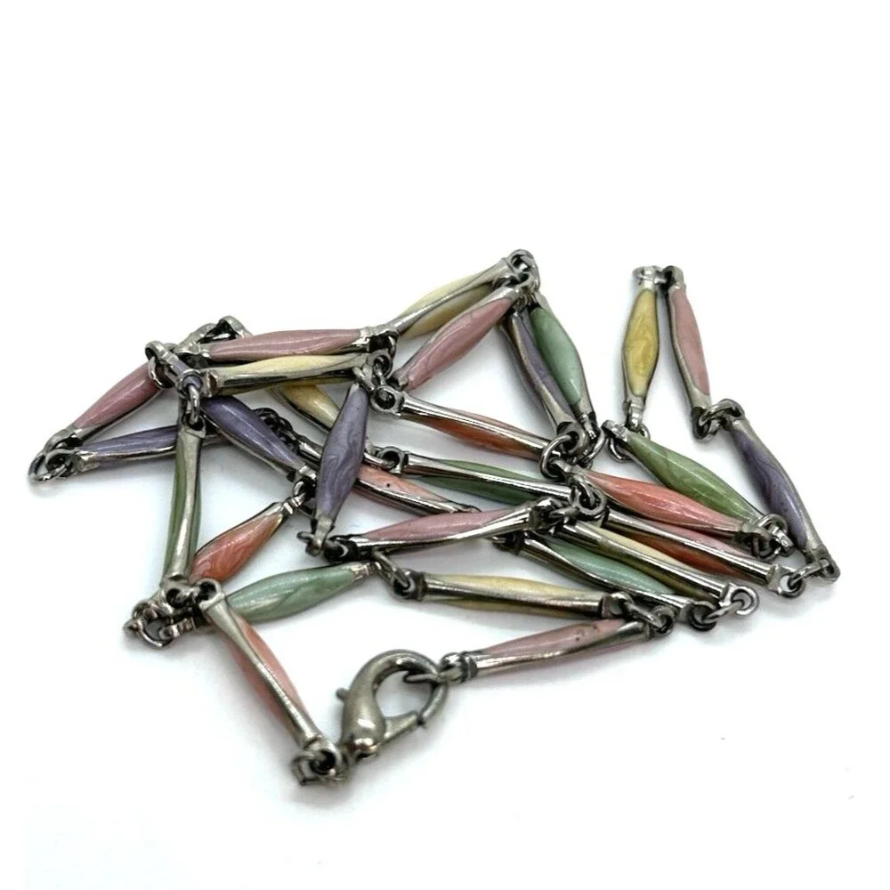 Vintage Pastel Enamel Link Necklace Gold Tone Green Yellow Purple Pink